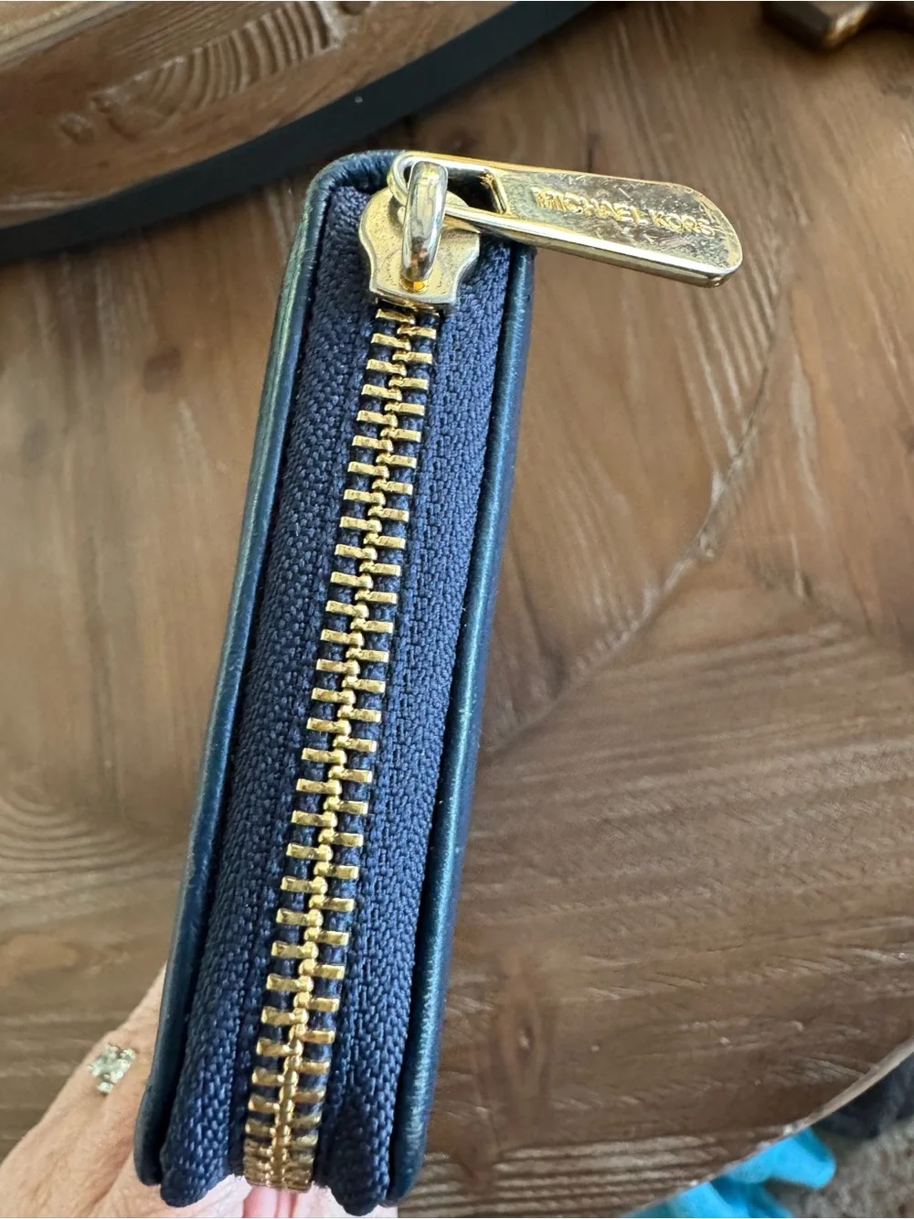 Michael Kors Deep Blue Pebbled Leather Zip Around Wallet with Gold Plate